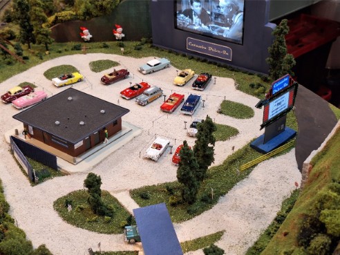 HO scale model Walthers drive-in theater kit installed on MMRR FBC Layout at 2024 SCS